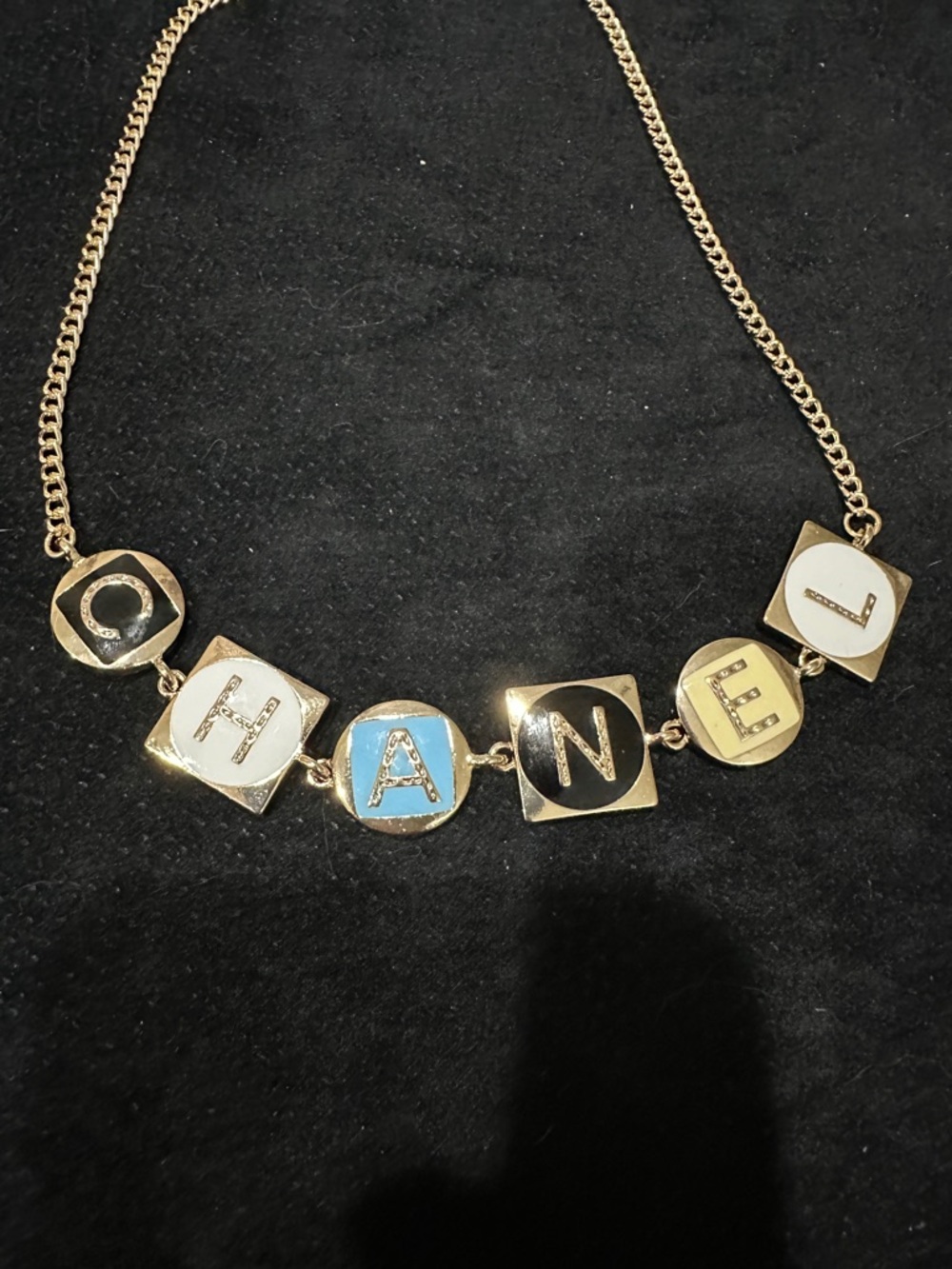 CHANEL Gold-Tone Letter Necklace with Blue, White, Black Inlays - Picture 2 of 8
